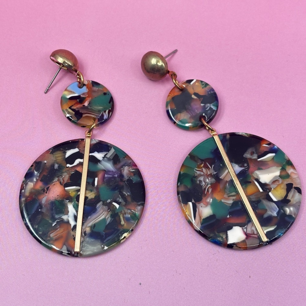 Multicolor Confetti Disc Dangle Earrings Gold Tone Statement Boho Retro Gift